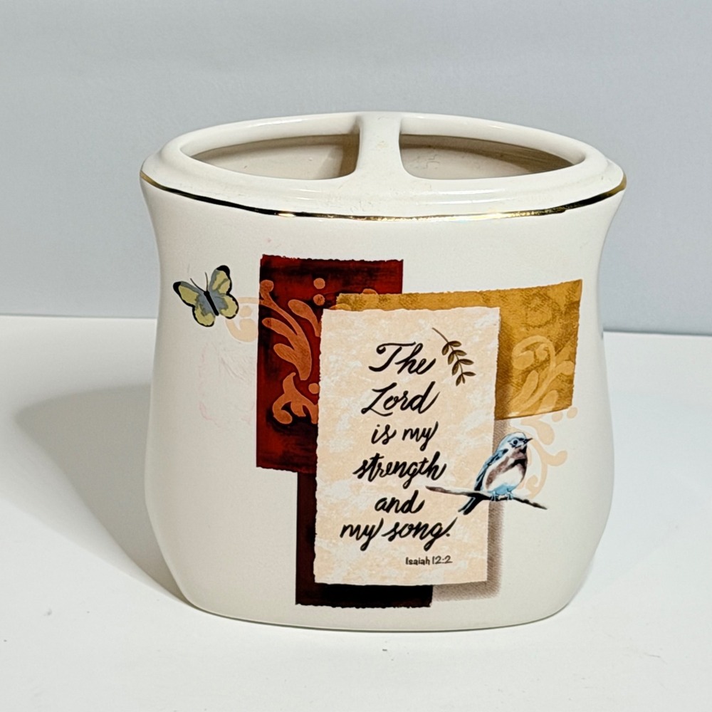 Religious Ceramic Toothbrush Holder Isaiah 12:2 Bluebird Butterfly Gold Trim